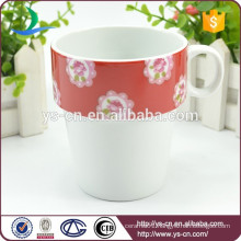 Factory China White Ceramic Coffee Cup Mug Red Flower Decal